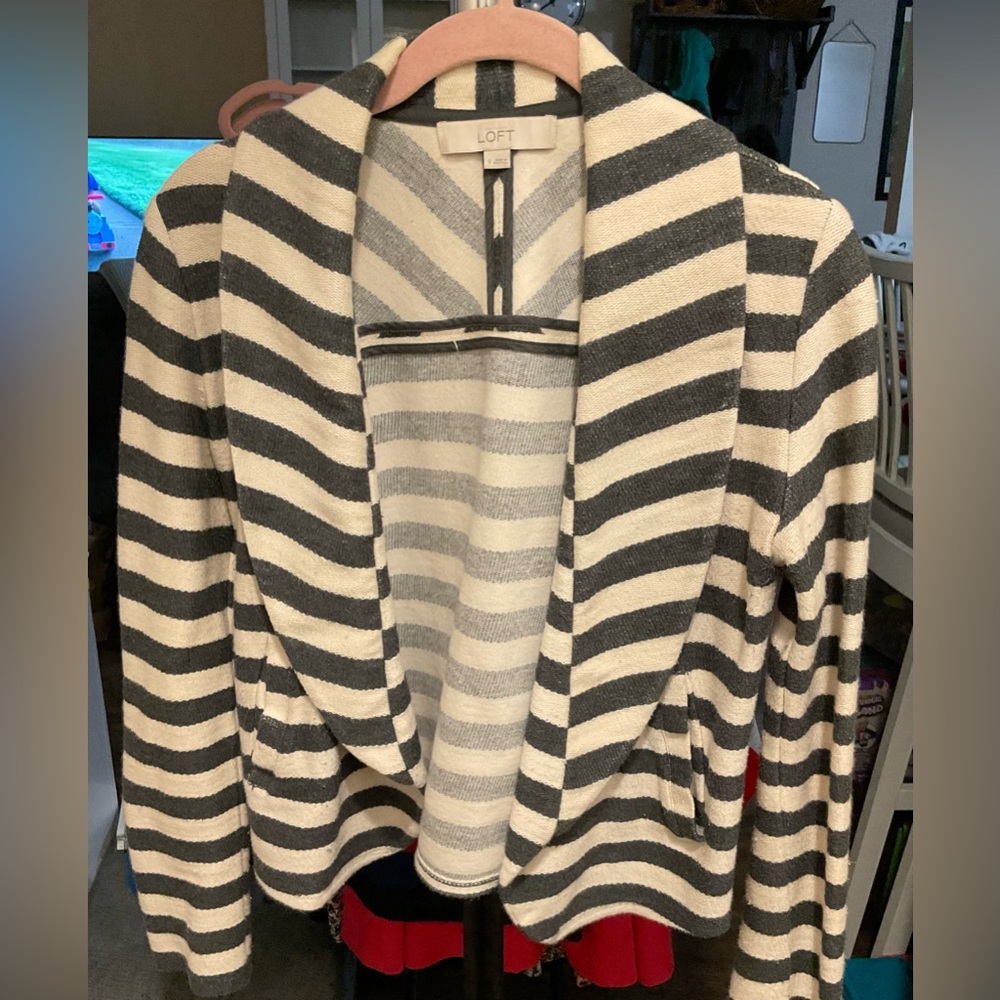 LOFT grey and white striped cardigan